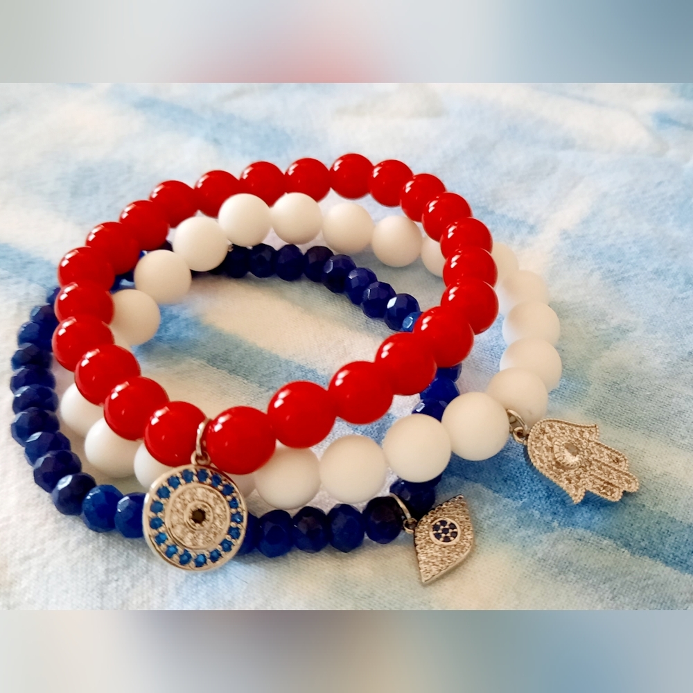 Hespera Luxe Stretchy Red White and Blue Bracelet Stack NEW